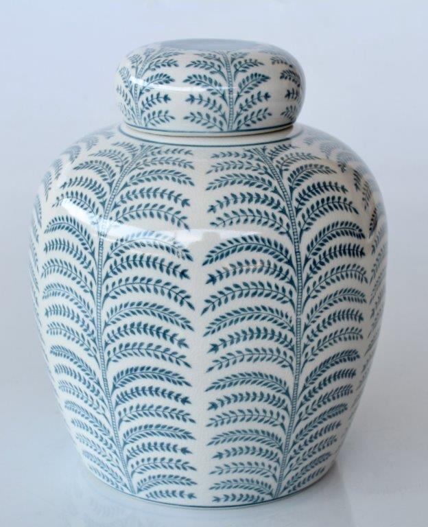 Blue & White Fern Jar With Lid